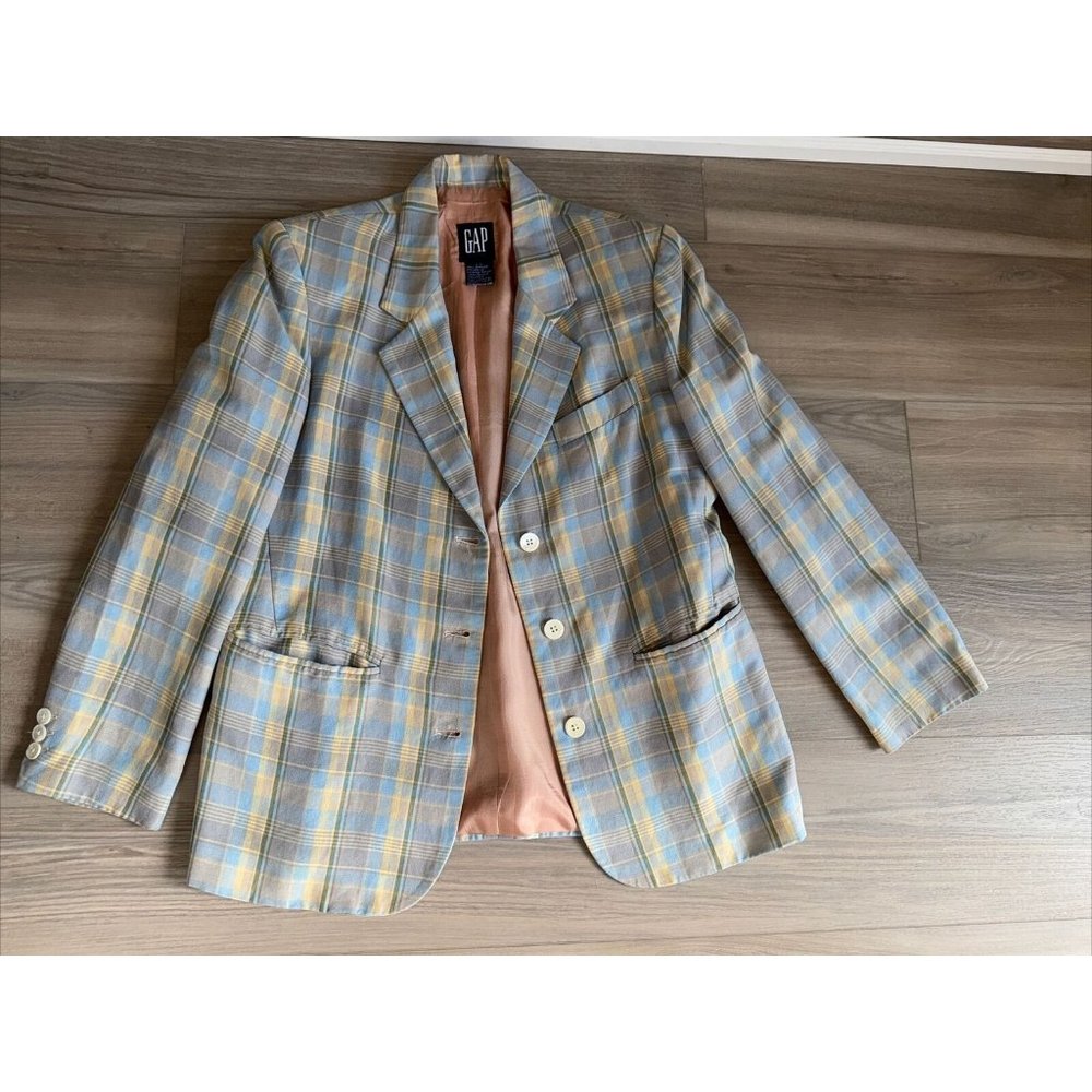 Vintage 90s Gap Madras Plaid Blazer Size SM‎ Linen Blue Pastels Jacket Womens